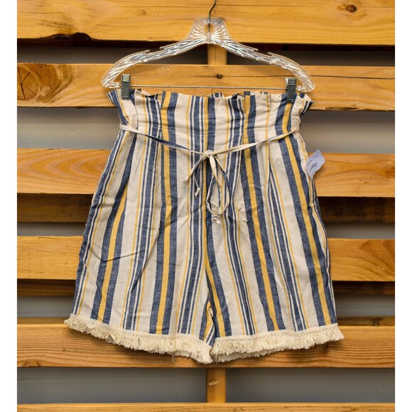 Donna L'oren Pants - Donna L'oren Mustard Navy Beige Striped Gathered Baggy Paperbag Tied Shorts Sz S